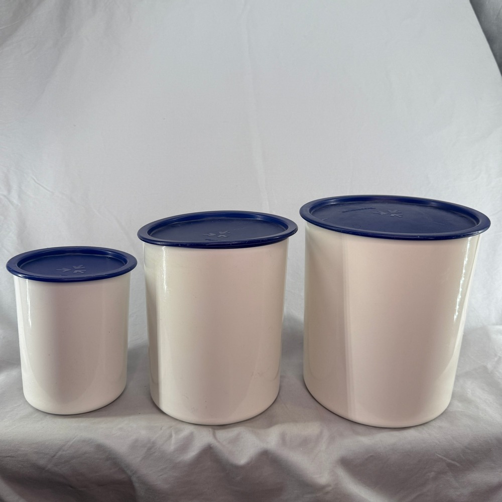 Tupperware 3 Piece Canister Set White with Navy Blue Lids Round Nesting USA Made